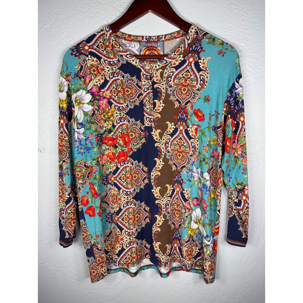 Johnny Was Womens Small Bamboo Paisley Floral Long Sleeve Henley Top T10821G-7